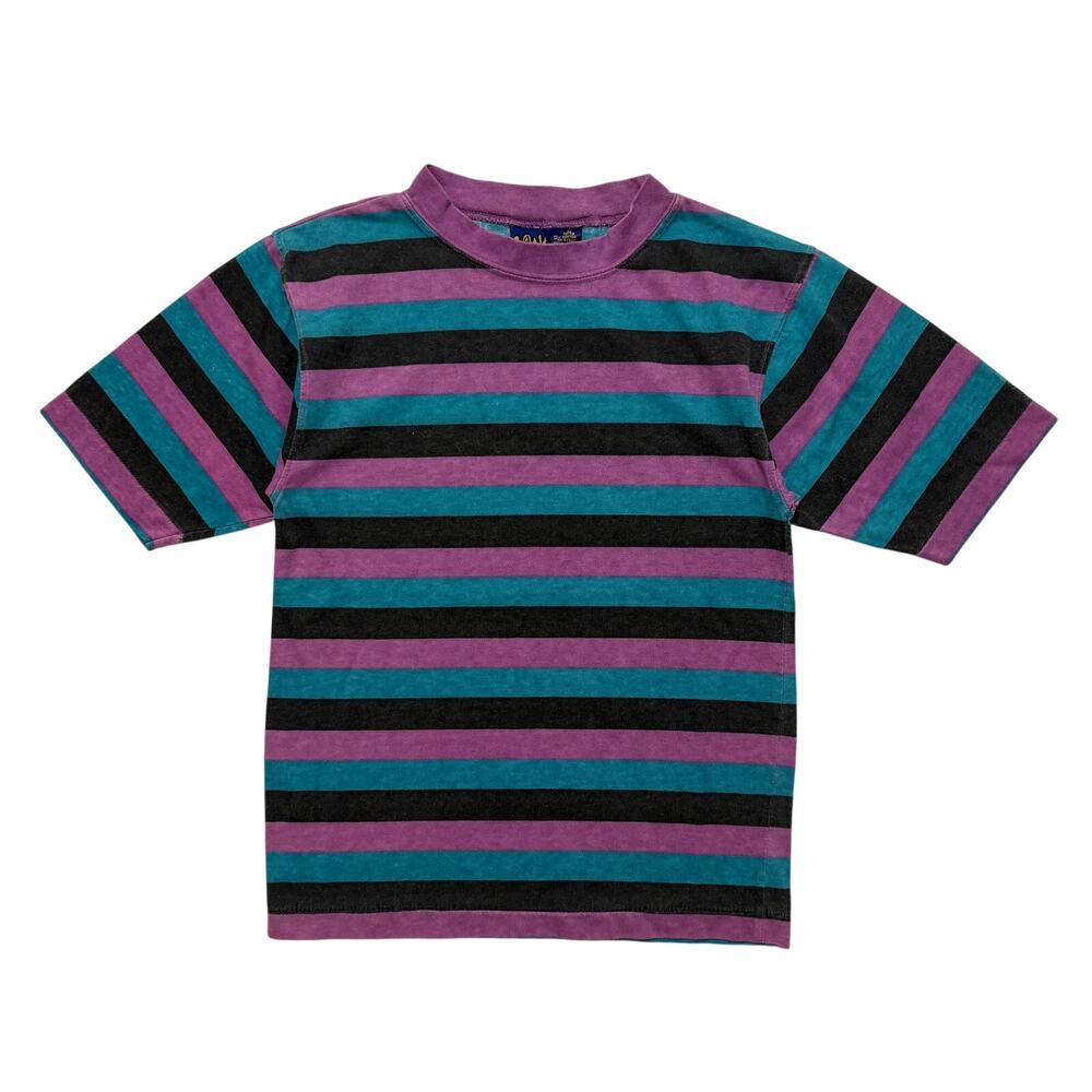 VTG 80’s Surf Skate Purple Teal Black Striped Baby Tee Women’s S